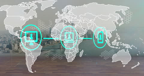 Global Data Processing Overlay on Cityscape Background