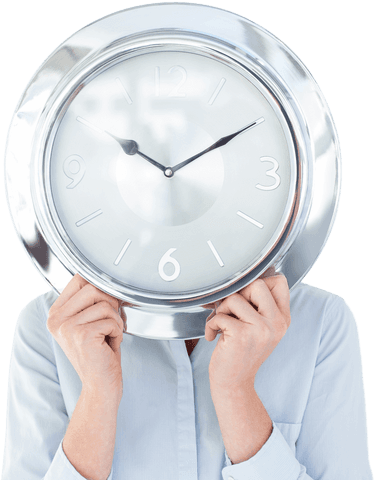 Transparent image of man holding large clock in front of face