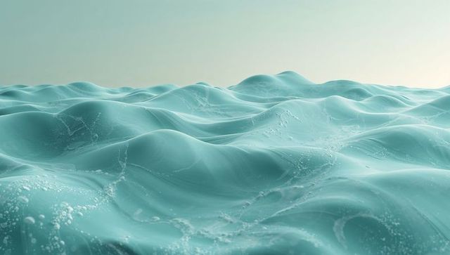 Gliding undulating turquoise ocean surface with glossy waves, foam and pastel sky