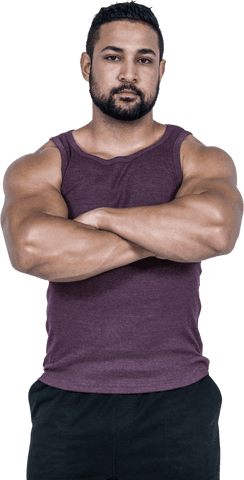 Confident Muscular Man in Maroon Tank Top on Transparent Background