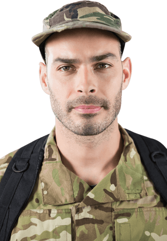 Transparent Close-Up of Confident Soldier in Camouflage