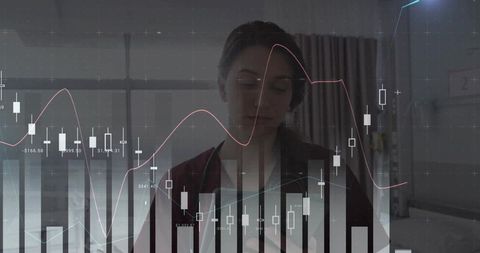 Businesswoman Holding Smartphone Studying Candlestick Charts and Market Data Overlay
