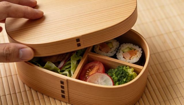 Lifting hand revealing wooden oval bento box with sushi, salad, tomato and broccoli