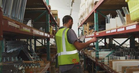 Warehouse worker scanning inventory on narrow aisle with ar overlay and high-vis vest