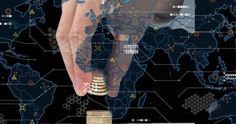 Hand placing coins on global digital map overlay, fintech investment visualization