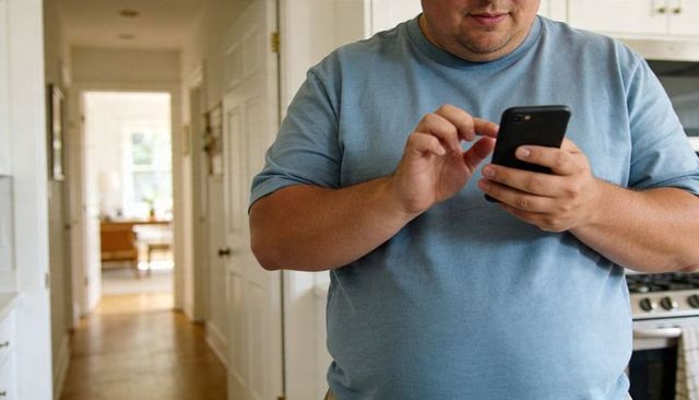 Middle-aged man tapping smartphone in sunlit kitchen casualwear near stove