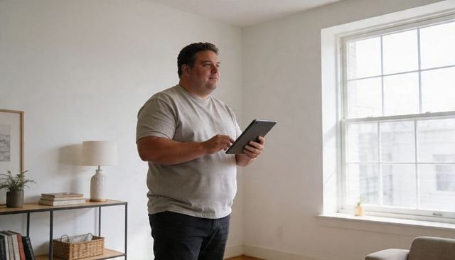 Middle-aged man holding tablet looking out window in minimalist modern living room