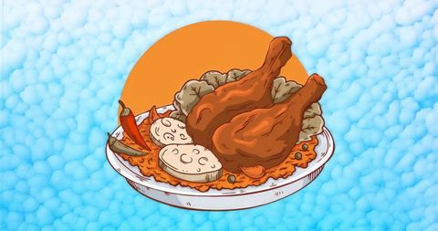 Vibrant stylized roast chicken legs on spiced orange rice platter with sun motif