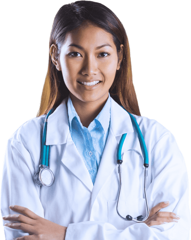 Confident asian doctor with stethoscope on transparent background