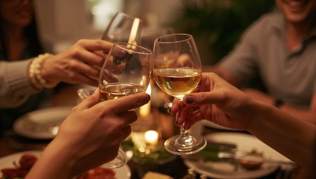 Friends toasting white wine glasses over candlelit dinner table, cozy evening celebration
