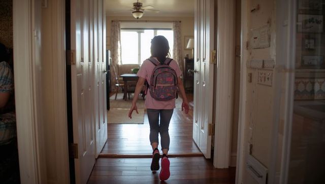 Walking child in pink t-shirt and jeans carrying patterned backpack toward sunlit dining room