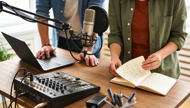 Two colleagues recording podcast in home studio with microphone and audio mixer