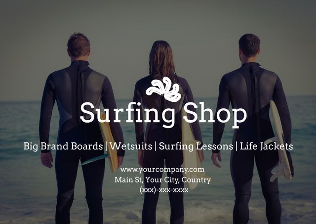 Surf Shop Promo Poster with Surfers Facing Ocean Graphic - Download Free Stock Templates Pikwizard.com