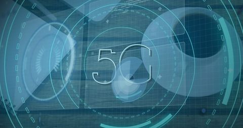 Digital 5g technology on desk with futuristic interface