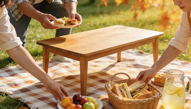 Friends sharing autumn picnic with sandwiches, lemonade on checkered blanket