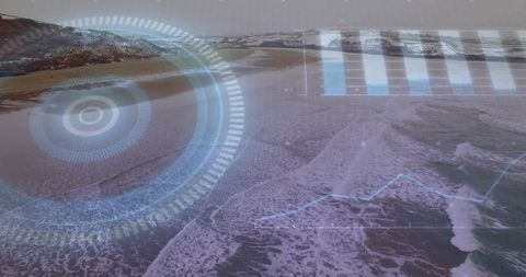 Futuristic seascape with tech overlays on snowy coastline