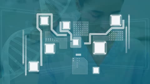 Digital Circuit Overlaying Female Scientist Analyzing Data