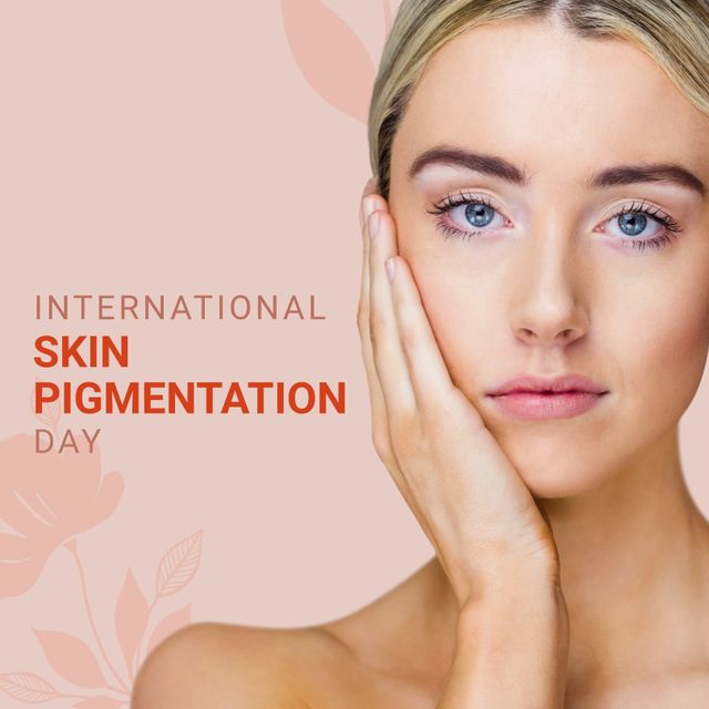 Woman with clear skin touching her face, promoting International Skin Pigmentation Day. Useful for campaigns raising awareness about skin pigmentation, healthcare, dermatology services, and beauty products. Can be used for blog posts, social media awareness campaigns, educational materials, advertisements for skincare brands, and health magazine articles.