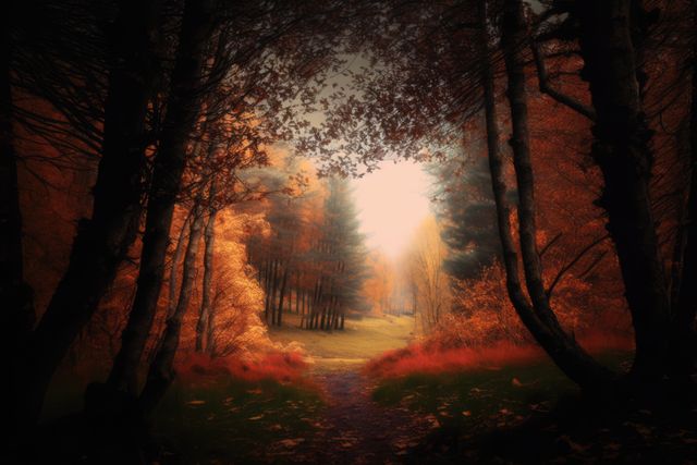 Glowing light illuminates a forest path on an autumn evening. Ideal for illustrating tranquility, nature's beauty, or as a background in fantasy-themed content. Suitable for use in websites, brochures, or social media posts about outdoor activities, meditation, or seasonal themes.