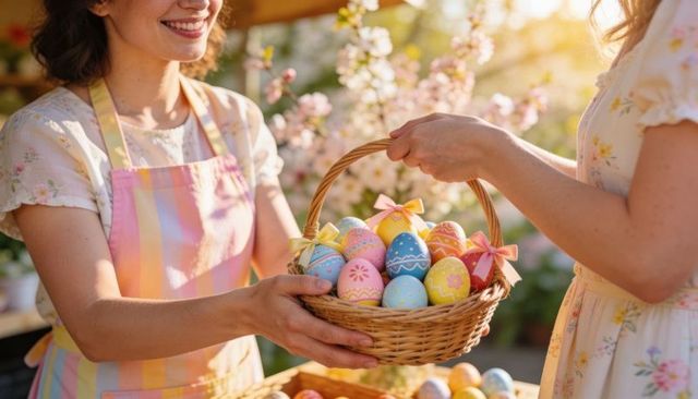 Sunlit easter basket exchange with hand-painted pastel eggs, aproned seller and floral dress
