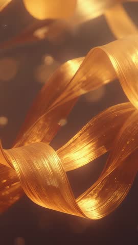 Unfurling golden ribbons twisting into knot with warm bokeh lighting vertical motion