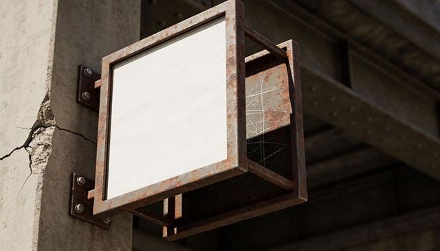 Rusting industrial wall sign with blank panel and spiderweb on cracked concrete column