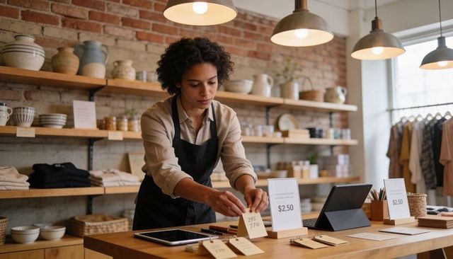 Boutique retail worker arranging price tags on wooden counter with tablet point of sale
