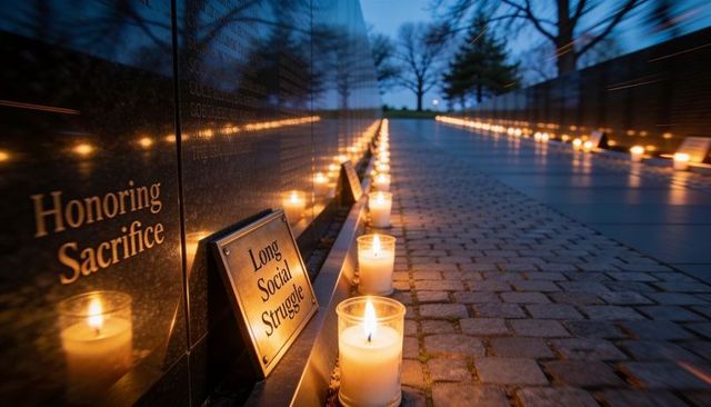 Candlelit memorial wall reflecting flames along twilight walkway honoring sacrifice