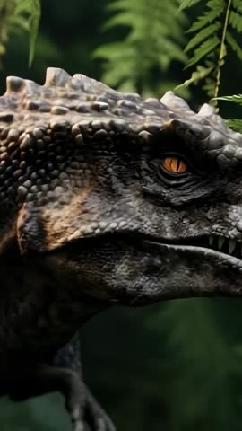 Vertical close-up theropod dinosaur zooming, pushing ferns, scanning for prey in jungle