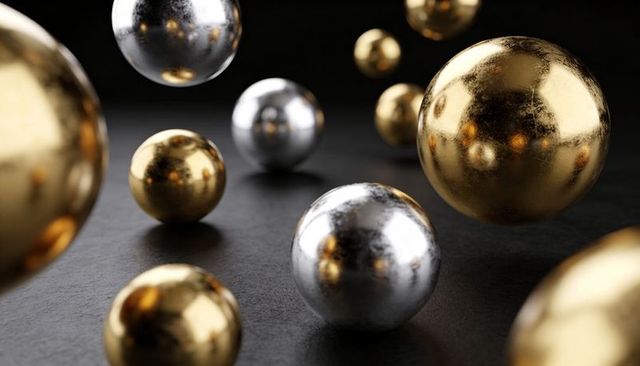 Floating gold and silver metallic spheres on dark matte surface reflecting warm and cool light