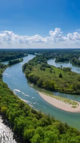 Descending drone tracking winding river through green valley revealing glinting sandbar