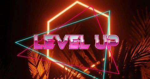 Neon LEVEL UP Sign with Geometric Frames and Palm Fronds
