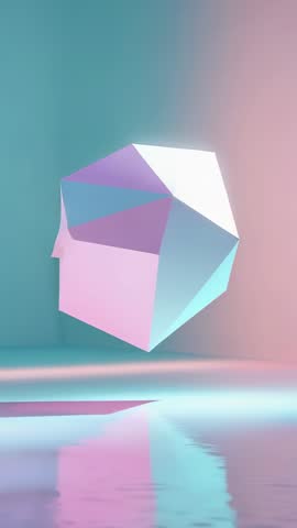 Vertical loop: Floating pastel polyhedron rotating over reflective floor, minimalist scene