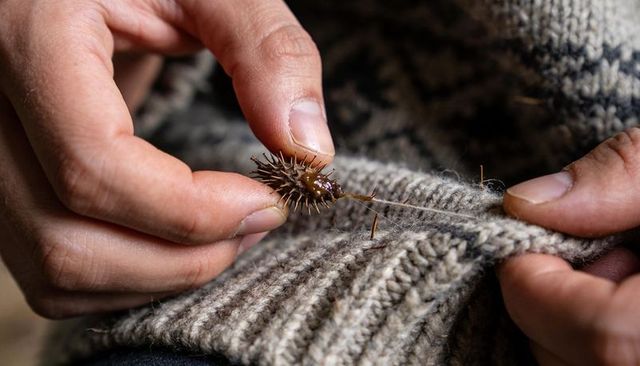 Removing spiny burr from ribbed wool sweater closeup showing hands and yarn texture