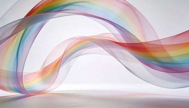Translucent rainbow ribbon waves creating layered prismatic arches on reflective surface