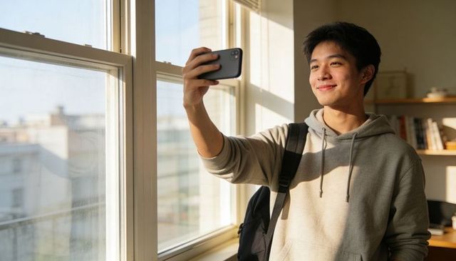 Young asian student taking selfie in sunlit dorm room with backpack and bookshelf