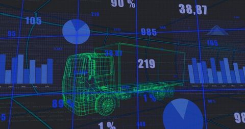 Neon Wireframe Truck Rotating on Data Dashboard Visualizing Fleet Analytics and Logistics