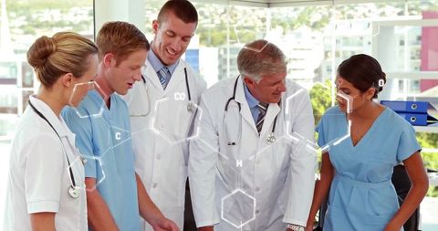 Diverse Medical Team Discussing with Digital Chemical Overlay