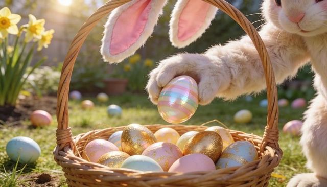 Easter bunny collecting iridescent pastel eggs in sunlit garden with daffodils