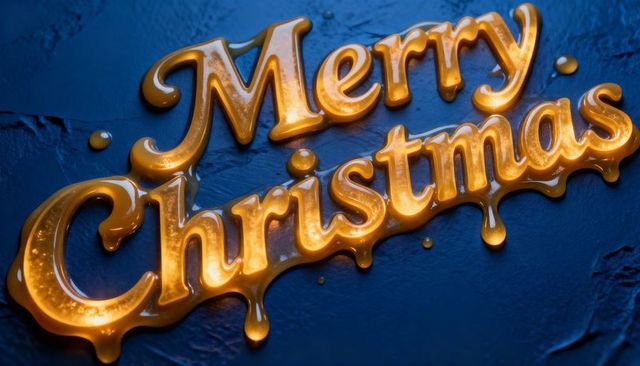 Glossy molten merry christmas lettering dripping gold on dark blue textured background