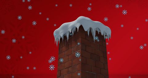 Festive Snow-Covered Brick Chimney Against Christmas Background