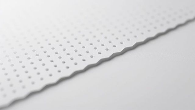 White perforated panel with scalloped edge and circular hole grid closeup texture