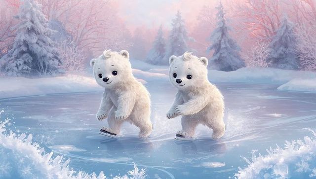 Playful polar bear cubs ice skating on frozen pond amid pastel winter forest twilight, snowy bond