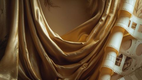 Golden Satin Drape with Film Strip Accents and Elegant Botanical Wall
