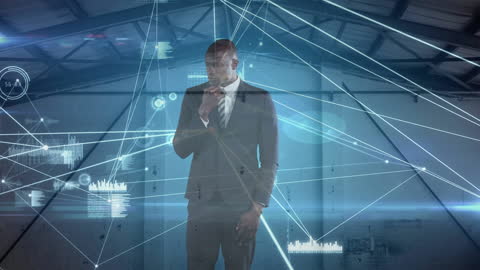 Businessman Engaging with Digital Network Interface Overlay