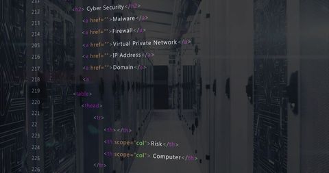 Server Aisle with Code Overlay Representing Cybersecurity and Network Infrastructure