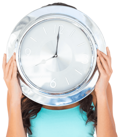 Woman holding transparent silver clock covering face