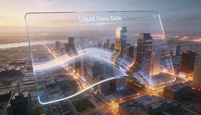 Floating liquid glass data holographic display overlaying futuristic downtown skyline