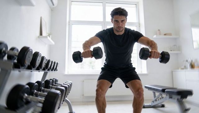 Focused man performing dumbbell squat in bright home gym with rack and bench
