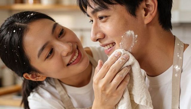 Young couple baking together, wiping flour and sharing warm playful kitchen moment